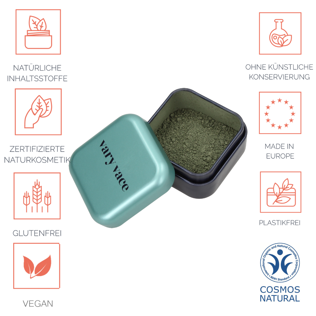 Eyeshadow / Lidschatten, langanhaltend, vegan, tierversuchsfrei, ohne Nano- und Mikroplastik Partikel, für alle Hauttypen geeignet ohne Öle / Fette, ohne Parfüm, ohne Alkohol, hormonfrei / zero waste, plastikfrei