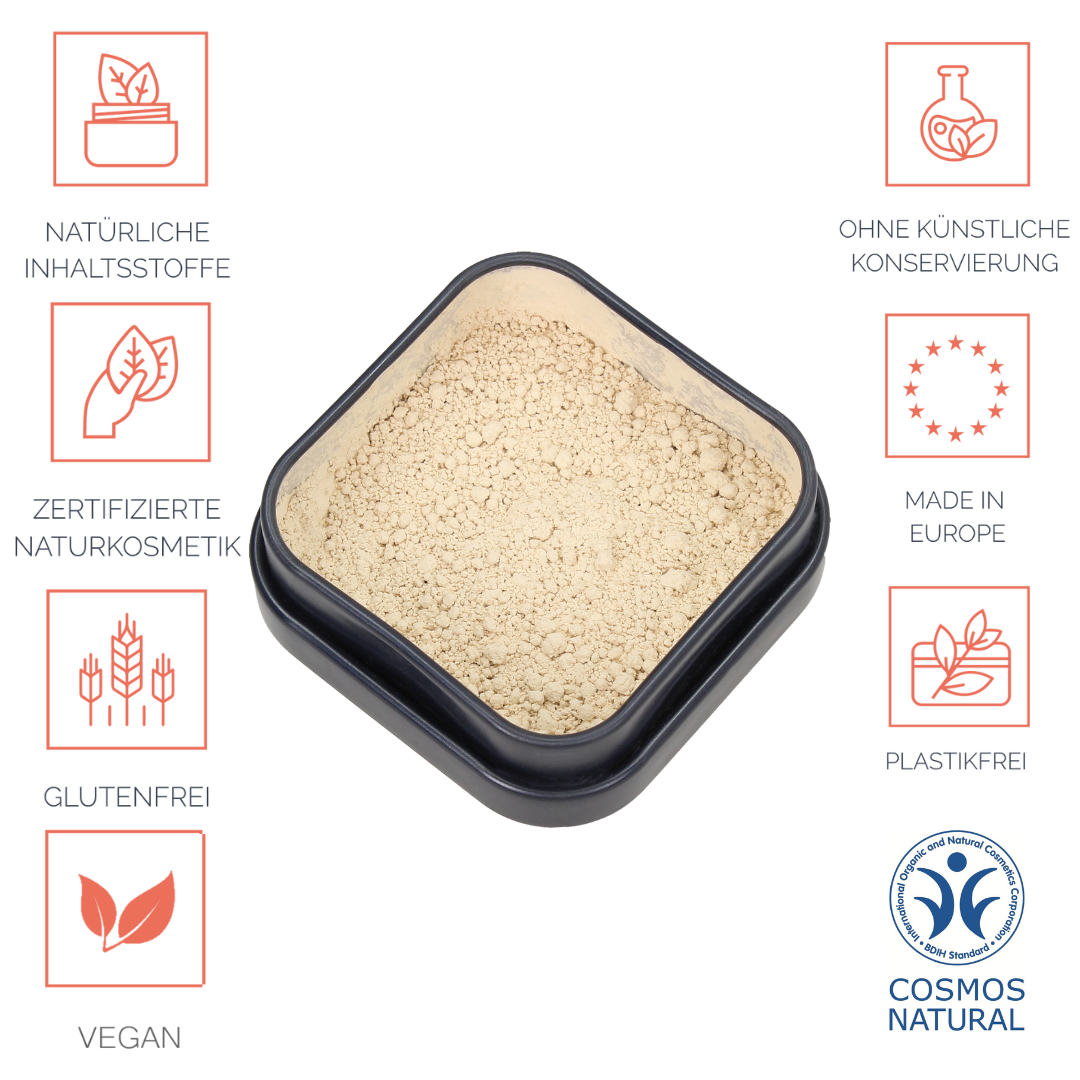 Foundation für ein zartes Finish, langanhaltend, vegan, tierversuchsfrei, ohne Nano- und Mikroplastik Partikel, für alle Hauttypen geeignet ohne Öle / Fette, ohne Parfüm, ohne Alkohol, hormonfrei / zero waste, plastikfrei