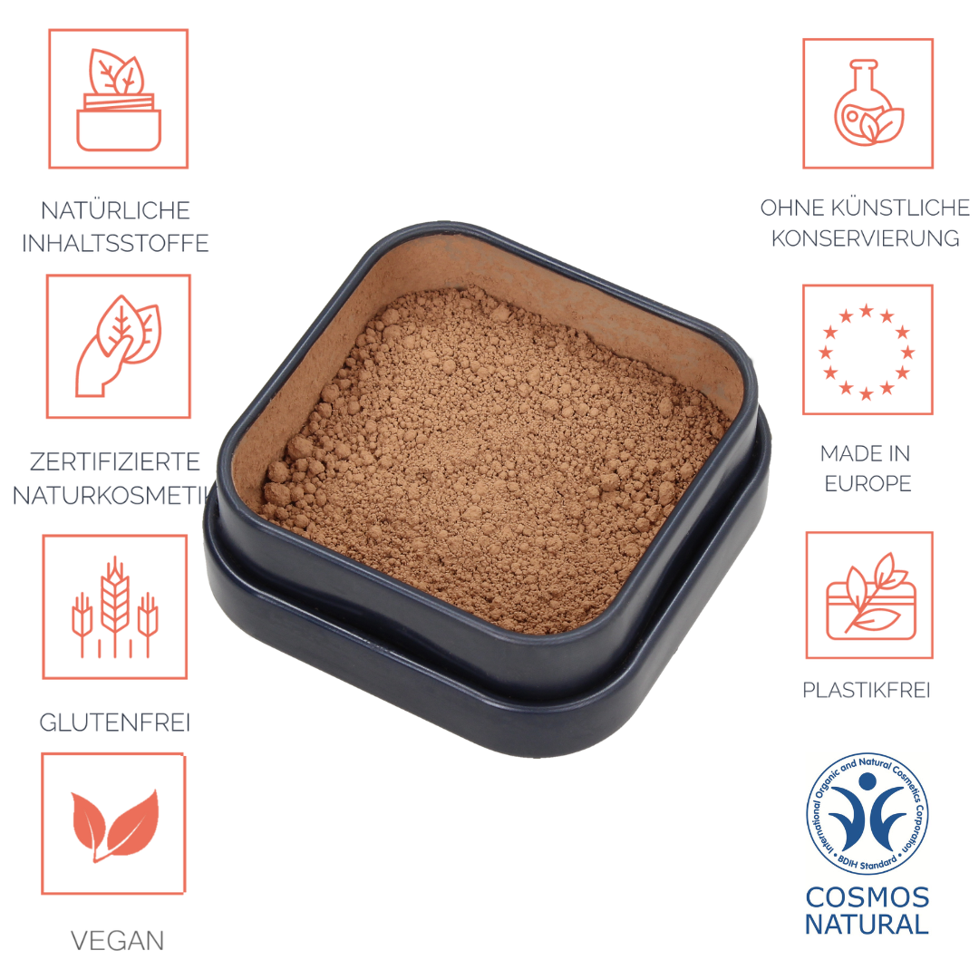 Foundation für ein zartes Finish, langanhaltend, vegan, tierversuchsfrei, ohne Nano- und Mikroplastik Partikel, für alle Hauttypen geeignet ohne Öle / Fette, ohne Parfüm, ohne Alkohol, hormonfrei / zero waste, plastikfrei