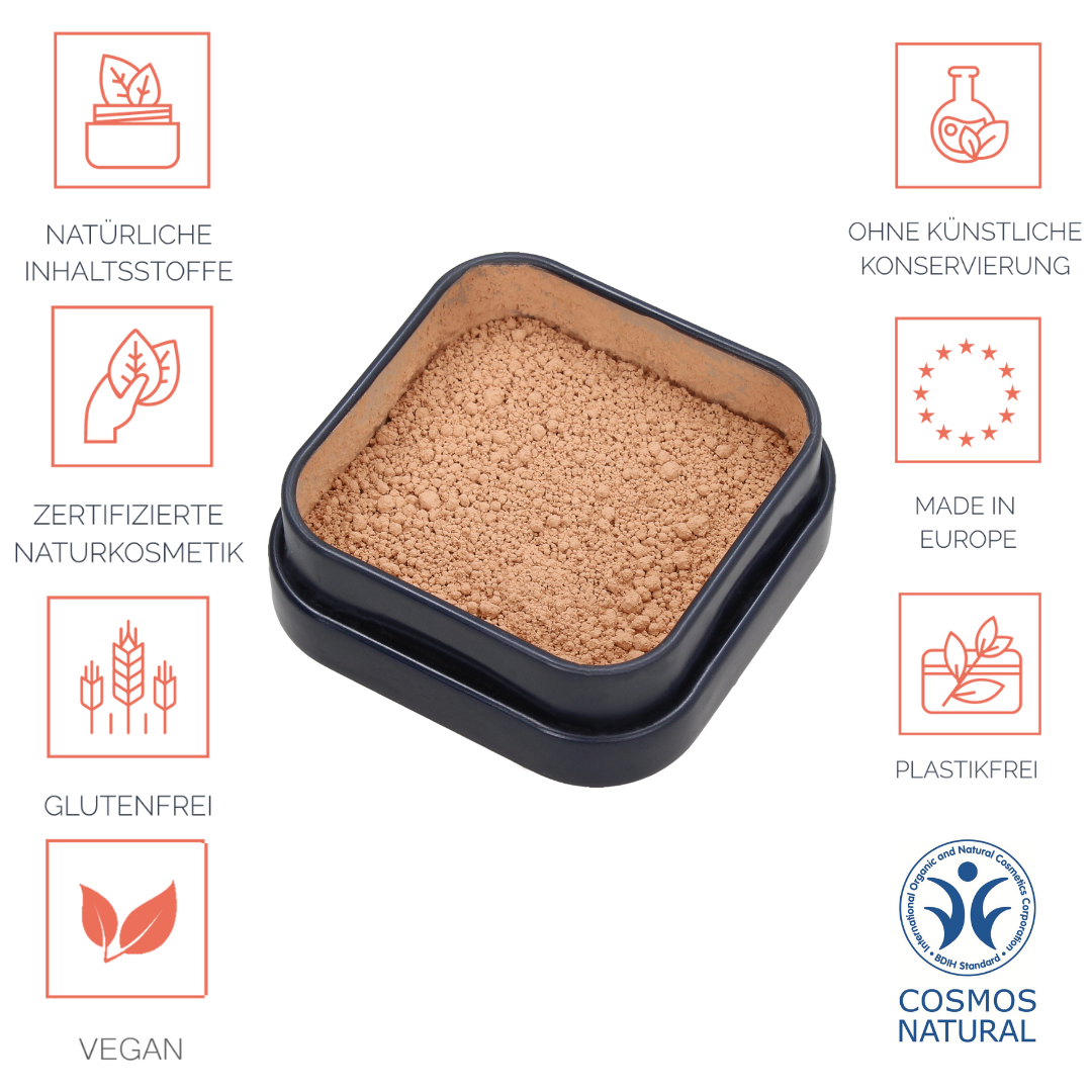 Foundation für ein zartes Finish, langanhaltend, vegan, tierversuchsfrei, ohne Nano- und Mikroplastik Partikel, für alle Hauttypen geeignet ohne Öle / Fette, ohne Parfüm, ohne Alkohol, hormonfrei / zero waste, plastikfrei