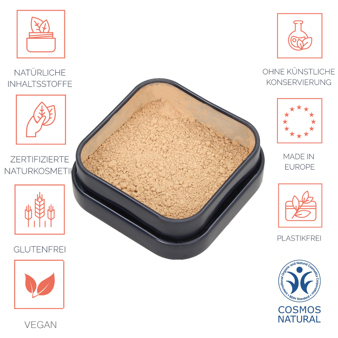 Foundation für ein zartes Finish, langanhaltend, vegan, tierversuchsfrei, ohne Nano- und Mikroplastik Partikel, für alle Hauttypen geeignet ohne Öle / Fette, ohne Parfüm, ohne Alkohol, hormonfrei / zero waste, plastikfrei
