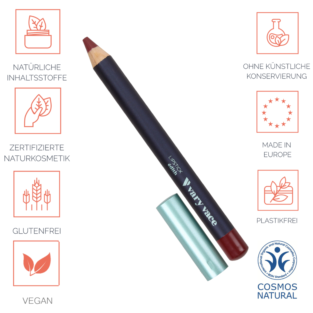 Lipstick / Lippenstift; langanhaltend, farbintensiv, weiche und pflegende Textur, ohne Konservierungs-mittel und Nanopartikel, tierversuchsfrei, zertifizierte Naturkosmetik made in germany